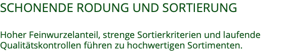 SCHONENDE RODUNG UND SORTIERUNG  Hoher Feinwurzelanteil, strenge Sortierkriterien und laufende Qualitätskontrollen führen zu hochwertigen Sortimenten.